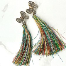 Vintage Tassel Earrings Rhinestone Butterfly Gold Tone Multicolor Thread 80s 90s