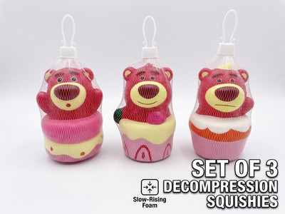 Set of 3 Pink Bear Squishy Toys Slow Rising Foam Stress Relief Squeeze Toy