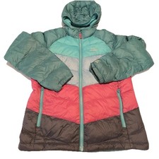 LL Bean Kids Medium 10/12 Jacket Blue Pink Downtek Down Fleece Sherpa Lined