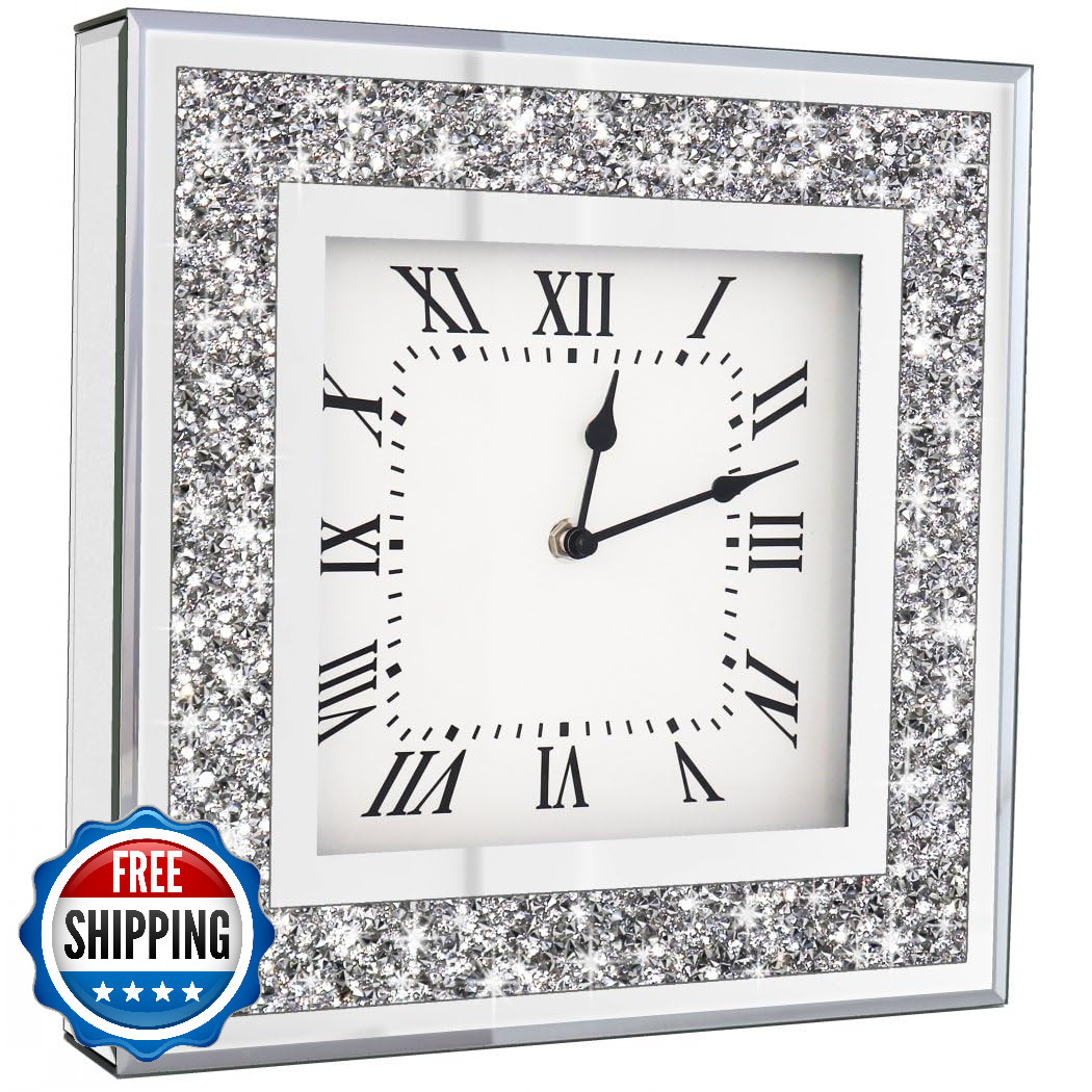 Crystal Crush Diamond Mirrored Square Wall Clock Sparkle Twinkle Bling Diam