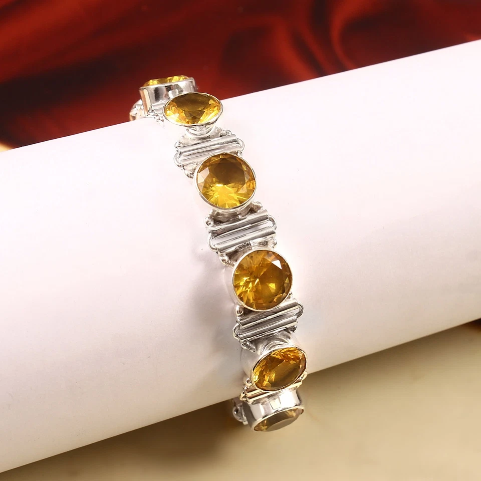 Pulsera de cadena de joyería de piedras preciosas de citrino amarillo corte rosa de plata de ley 925 Foto 3 de 3