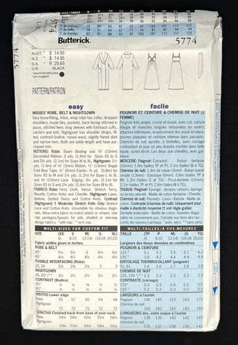 Butterick 5774 Misses Robe-Belt-Nightgown by Eileen West 1998 Pattern L-XL Uncut - Imagen 2 de 3