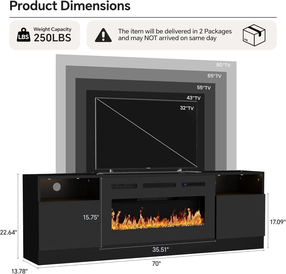 70 inch Fireplace TV Stand with 36" Electric Fireplace, 12 Colors Change,1500W - Image 2 of 4