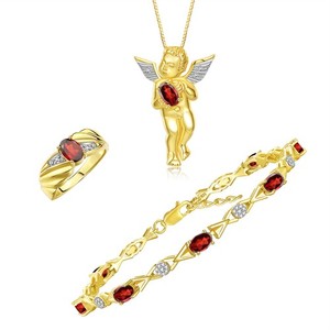 Authentic Rylos  Gold Plated Silver Garnet & Diamond Guardian Angel Matching Set Sz 5-10