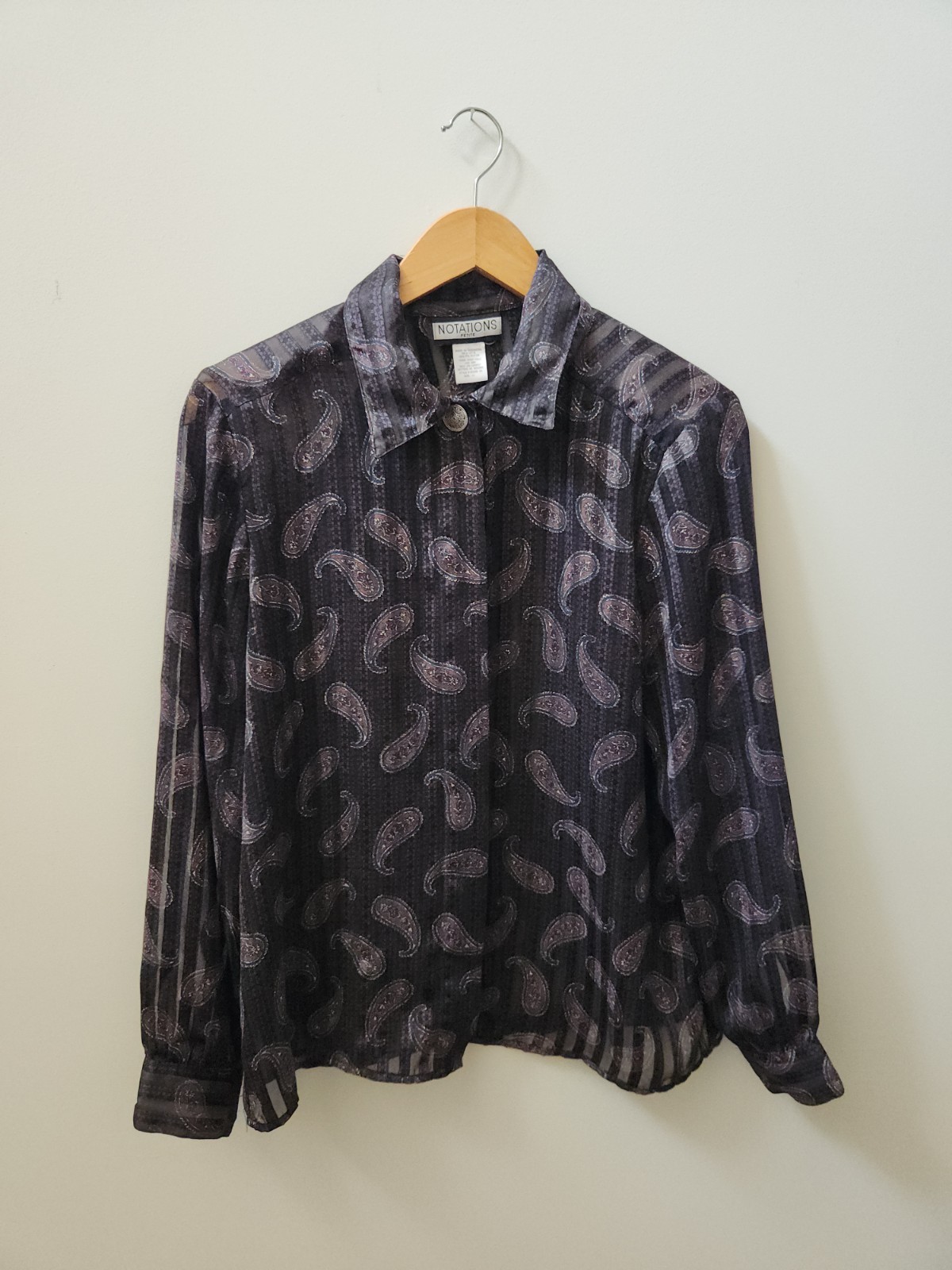 Vintage Notations Petite Sheer Paisley Button Up Blouse Size 12 Flowy 90s
