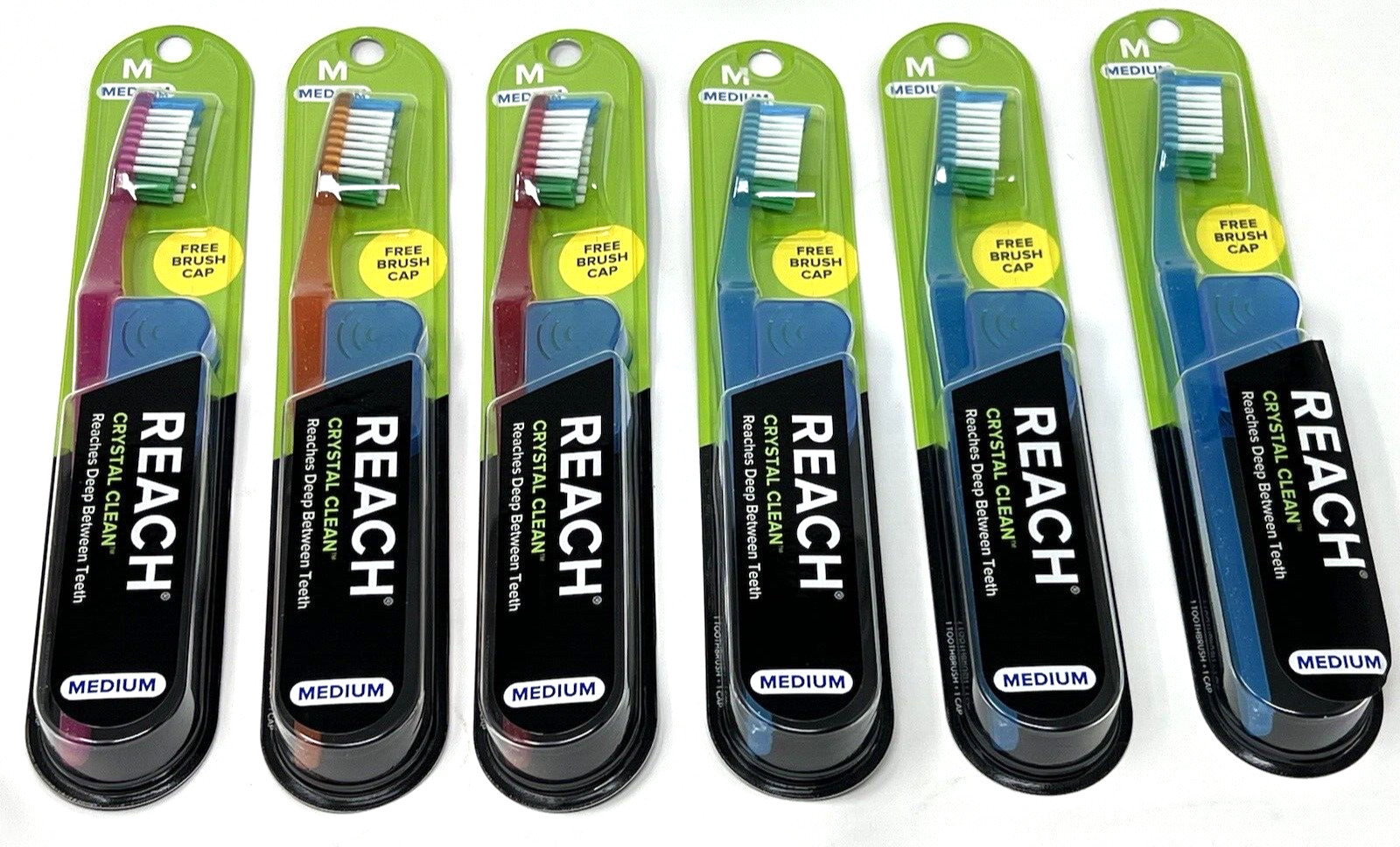 Reach Toothbrush Crystal Clean MEDIUM Bristles with Free Brush Cap 6 Pack