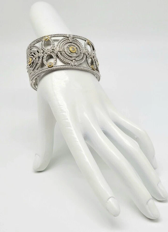 Judith Ripka DIAMANTE GENUINO 925 Plata de Ley 18KT Intrincado Brazalete con Bisagras Foto 4 de 4