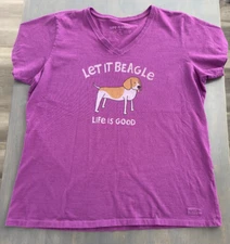 Life Is Good V Neck Crusher Tee Let It Beagle Shirt Size XL Magenta Dogs Animals
