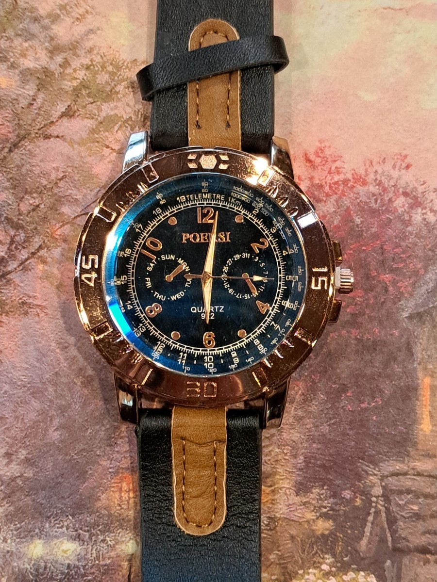 Poersi Large Mens Quartz Watch Rose Gold, Drk Blue Black Band Stainless  Steel