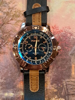 Poersi Large Mens Quartz Watch Rose Gold, Drk Blue Black Band