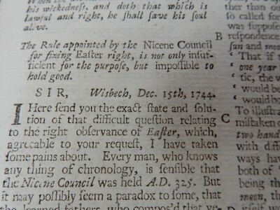 ABSTRAKTE SEITEN X 1 (1744) OSTERN BEFESTIGUNGSDATUM THOMAS WHISTON WISBECH