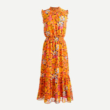 J. Crew Size XS Smocked Waist Dress Sunset Floral Sleeveless Orange Midi Length