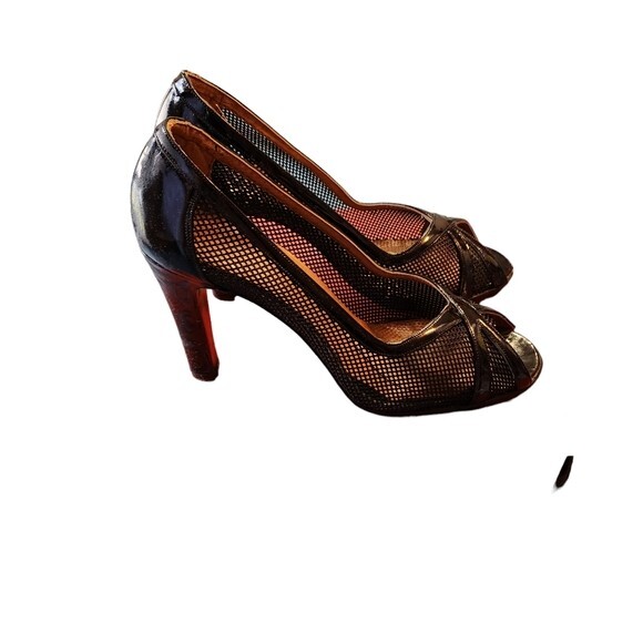 Vintage Totar Women's Brown Leather Mesh Peekaboo Toe Heels