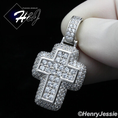 MEN WOMEN 925 STERLING SILVER ICY BLING CUBIC ZIRCONIA 3D CROSS PENDANT ...