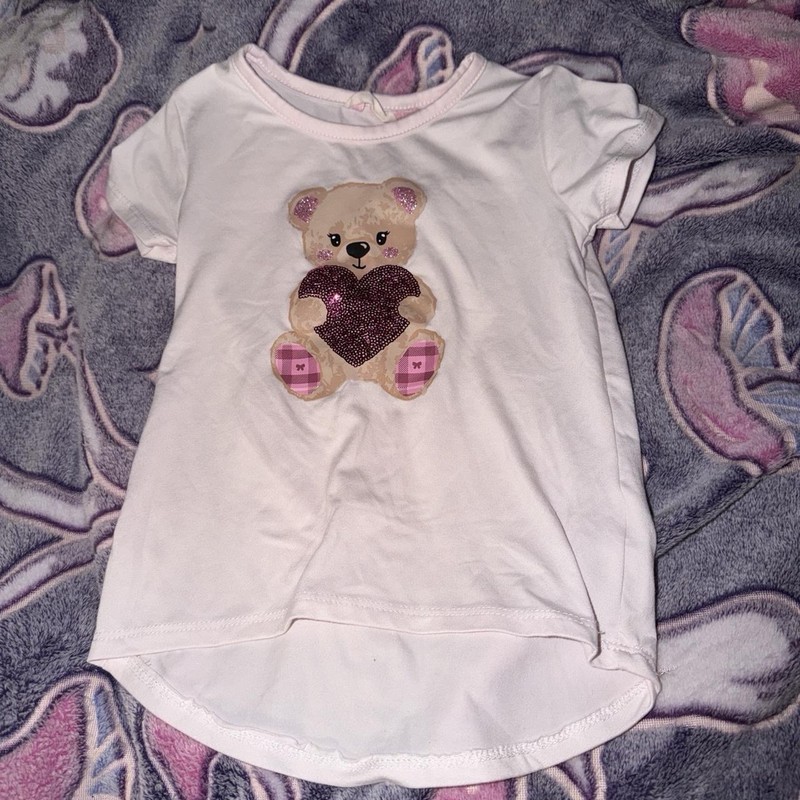 Girls 4T Pink Cotton Crew Neck Short Sleeve Bear Heart Sequin Tee