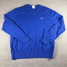 Lacoste Sweater Mens 7 XL Blue V Neck Pullover Crocodile Logo Ribbed Cuffs Hem