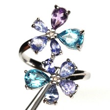 925 Sterling Silver Swiss Blue Topaz Amethyst Tanzanite Ring Size 8.75