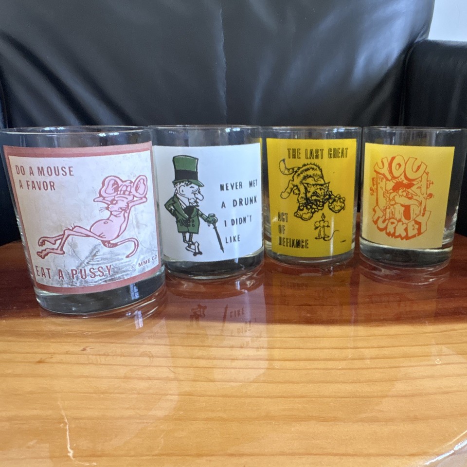 Humorous vintage highball glasses from MME.CO — the kind of retro barware that makes guests stop and read the glass.