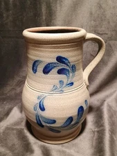 Rowe Pottery 7.5" Blue Floral/Botanical Salt Glaze Stoneware Pitcher Handle 2001