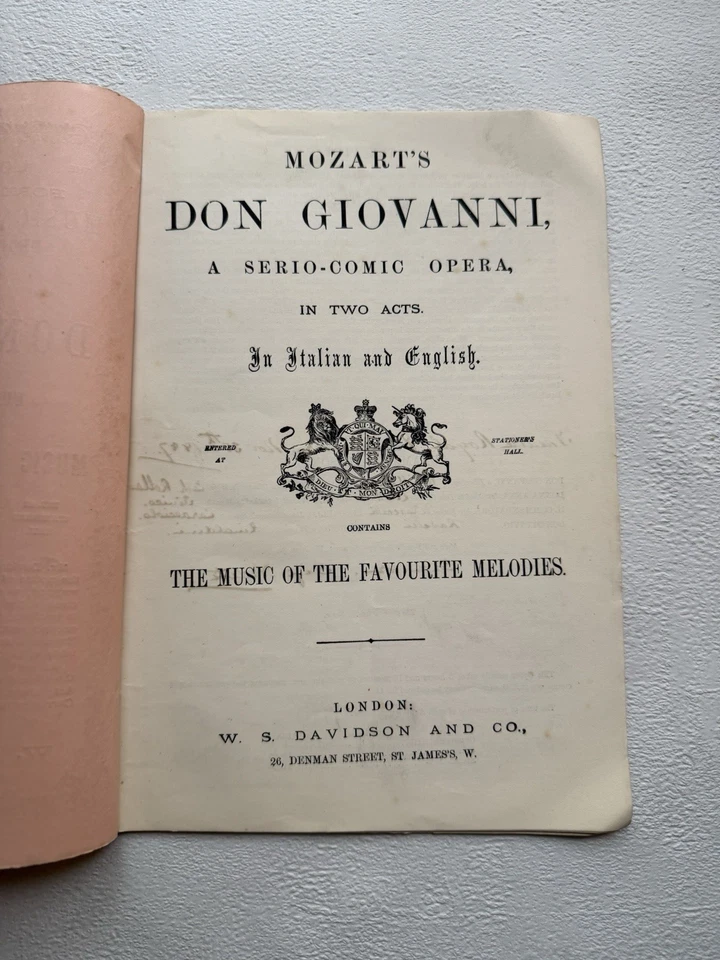 Mozart Don Giovanni Opera Libretto c1877 W S Davidson London Italy English Rare - Image 2 of 4