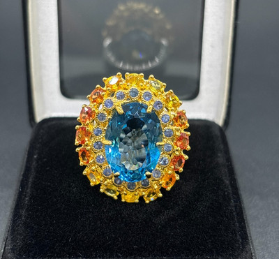 Custom 925 Silver 24K Gold Ring Oval Swiss Blue Topaz Sapphire Zircon 8.44ct