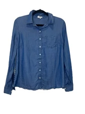 Crown Ivy Women’s Size Medium Petite Denim Button Down Shirt Black Striped Back