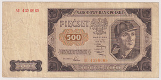 Polen Poland 500 Zlotych 1948 Bergmann Geldschein