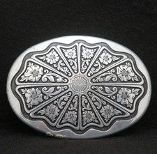 WD03154 FANTASTIC VINTAGE 1970s FLORAL DESIGN ARTWORK FASHION PEWTER BELT BUCKLE
