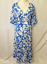 New Look Midi Maxi Tea Dress Blue Floral Puff Sleeve Belted UK20 NWT C6356