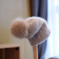 Women Winter Warm Knitted Beanie Cap Fox Fur Pompom Cashmere Blend Cuffed Hat