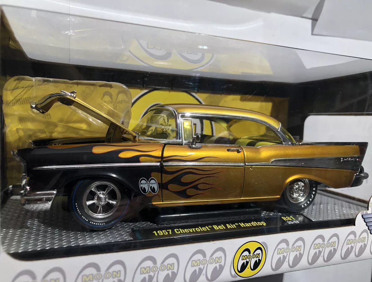 M2 MOONEYES 1957 CHEVROLET BEL AIR HARDTOP GOLD BLACK FLAMES MOON