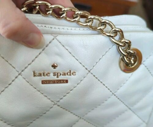 Vintage Kate Spade Quilted Purse White Leather Handbag Bag Chain Strap Tote - Picture 2 of 18