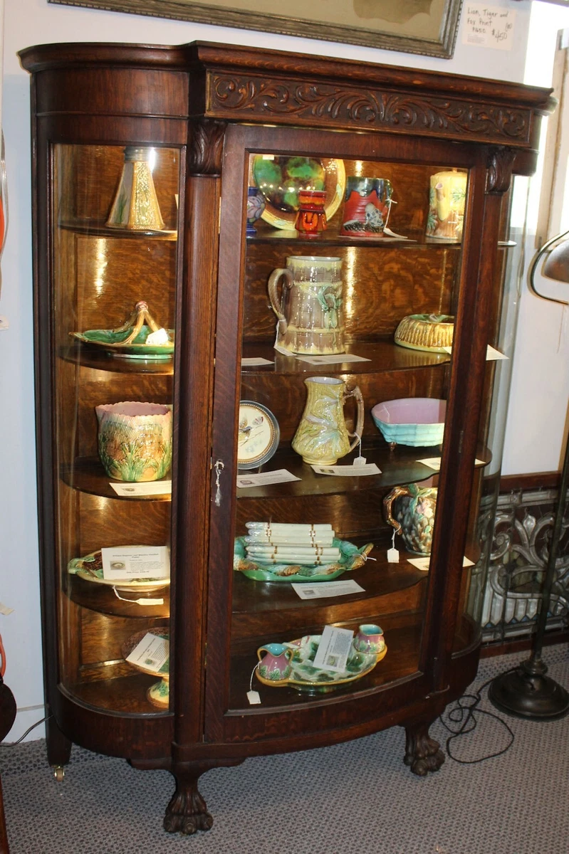 Antique oak curved glass china cabinet with claw feet deals