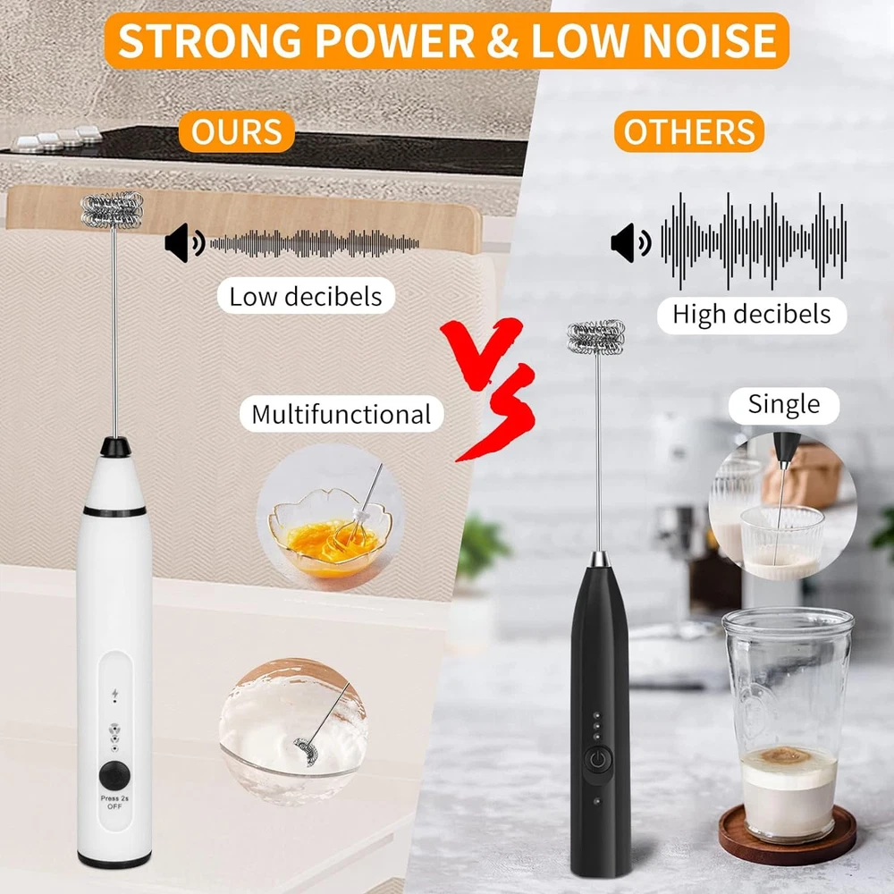 Milk Frother Handheld Foam Maker Usb-Rechargeable Drink-Mixer with 2 Stainless W