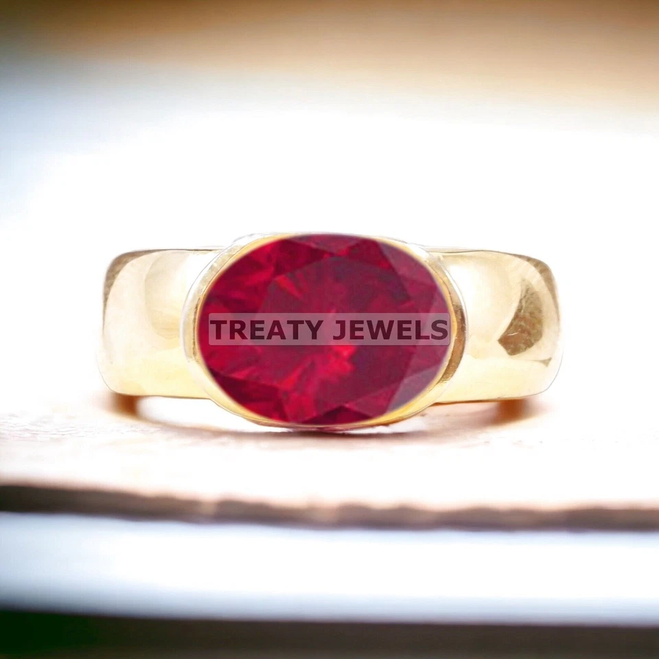 Ruby Oval Cut With 925 Sterling Silver Gold Plated Ring For Men's #A516 - Image 3 of 4