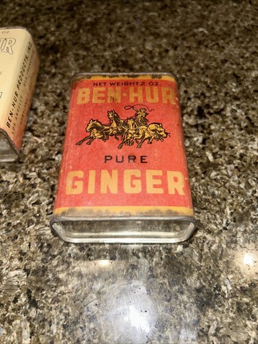 1950s BEN-HUR Cayenne &ginger 2 OZ SPICE TINs LITHO CAN GOLD HORSE CHARIOT G06 - Picture 3 of 6