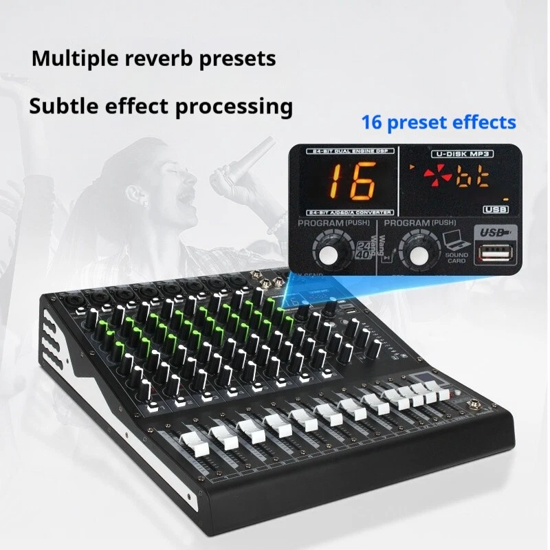 JIY 8 Channel Audio Mixer Bluetooth Sound Console Stereo DJ Live Mixing USB AUX - Image 4 of 4