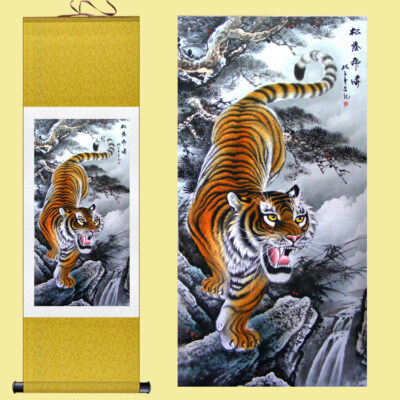 Silk Scroll Painting Tiger Hanging Painting Majestic Wind Down The Mountain 