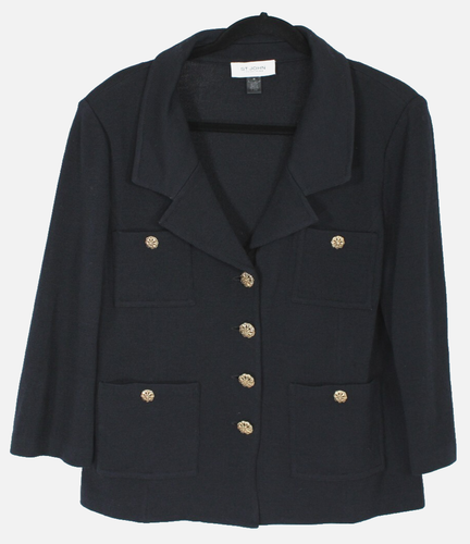 ST. JOHN COLLECTION Black Wool Blend Knit Front Pockets Button-Front Jacket 16
