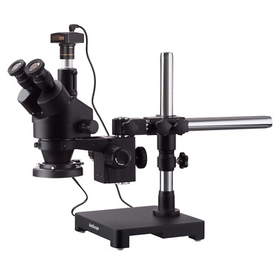 AmScope 3.5X-45X Trinocular Stereo Zoom Microscope Boom + Ring Light + 5MP Camer