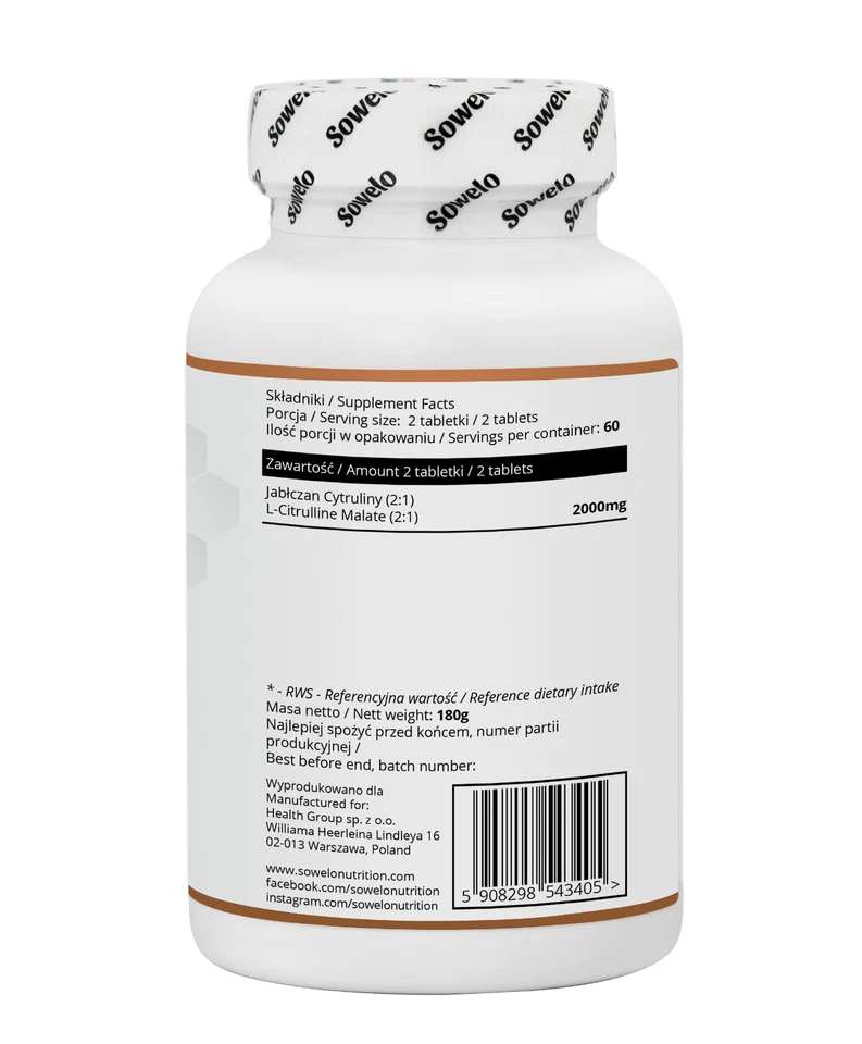 L-Citrulline Malate 1000mg Tablets – Muscle Pump & Performance Support – Sowelo - Image 2 of 4