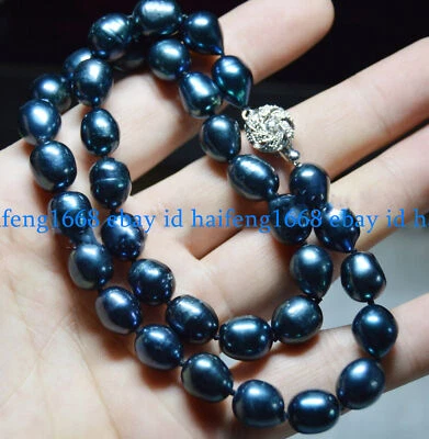 Natürlich 9-10mm Reisform Schwarz Kulturiert Perle Schmuck Halskette 18" - Bild 1 von 4