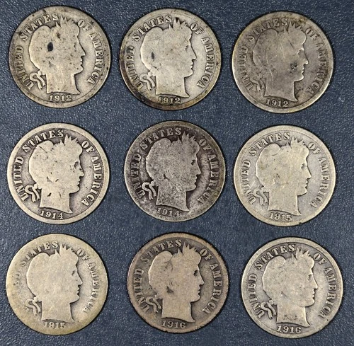 1912-1916 PDS 10C BARBER SILVER DIMES Lot of 9 No Dups KM#113 Circulated A6314