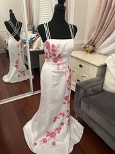 White Formal Gown with Pink Floral Embroidery and Strappy Back