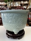 Large Vintage Chinese Celadon Planter With Wooden Stand