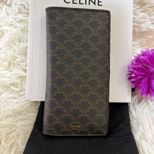 CELINE Triomphe Canvas Vertical Long Wallet Black Brown Bi-Fold with Box