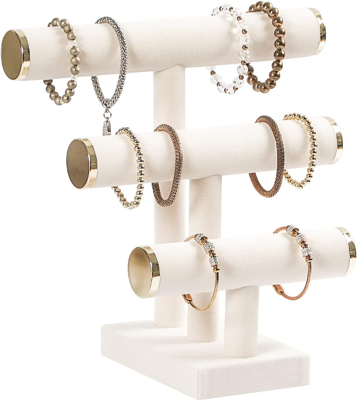 Présentoir bracelet 3 niveaux en velours beige et métal doré de 30cm