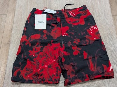 $780 Mens Alexander McQueen Floral Cotton Sweat Shorts Red/Black XL