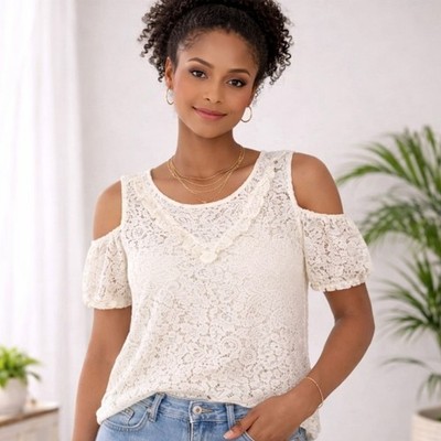 Express Ivory Lace Cold Shoulder Top Boxy Fit Shabby Chic Boho Romantic Medium 