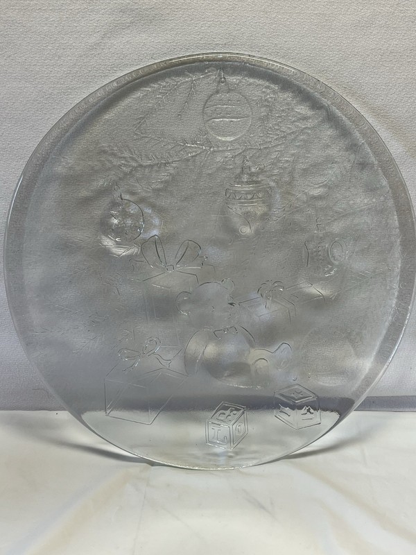 GLASS CHRistmas PLATTER Clear Round Serving Plate Christmas Tree & Bear